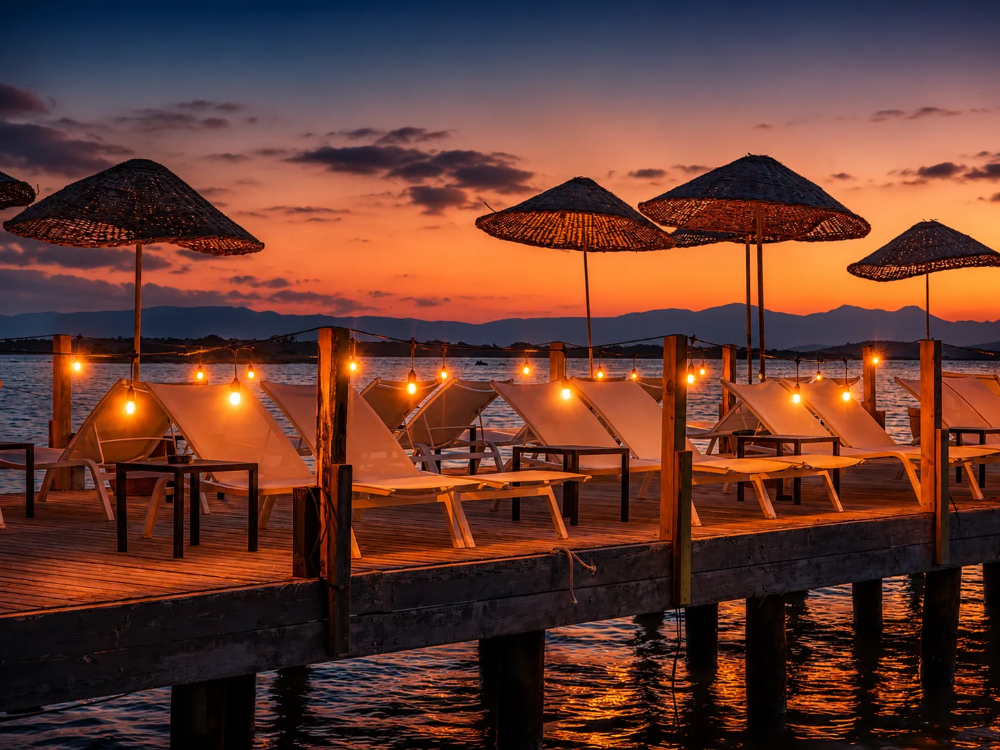 Muup Resort sahilde gece şezlong ve gölgelik alanı